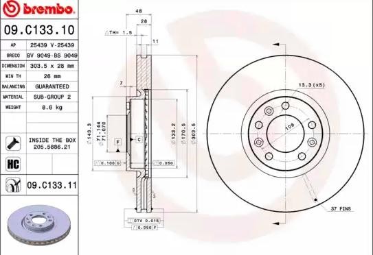 DISCO FRENO DEL CIT-PEU K9,GRAND PIC,C5 / 308 13-,3008,5008 304MM X UN